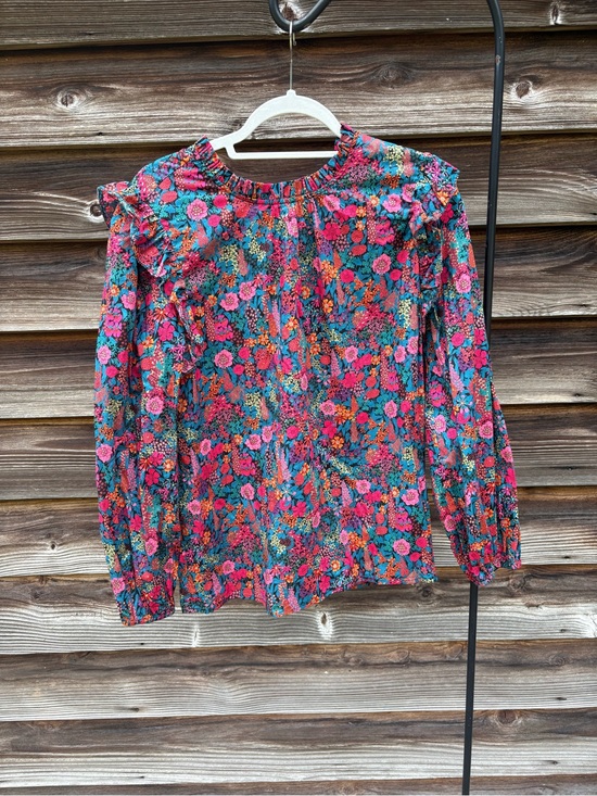 J. Crew Tops - J. Crew Liberty Floral Long-Sleeve Ruffle Yoke Blouse — Pink & Teal